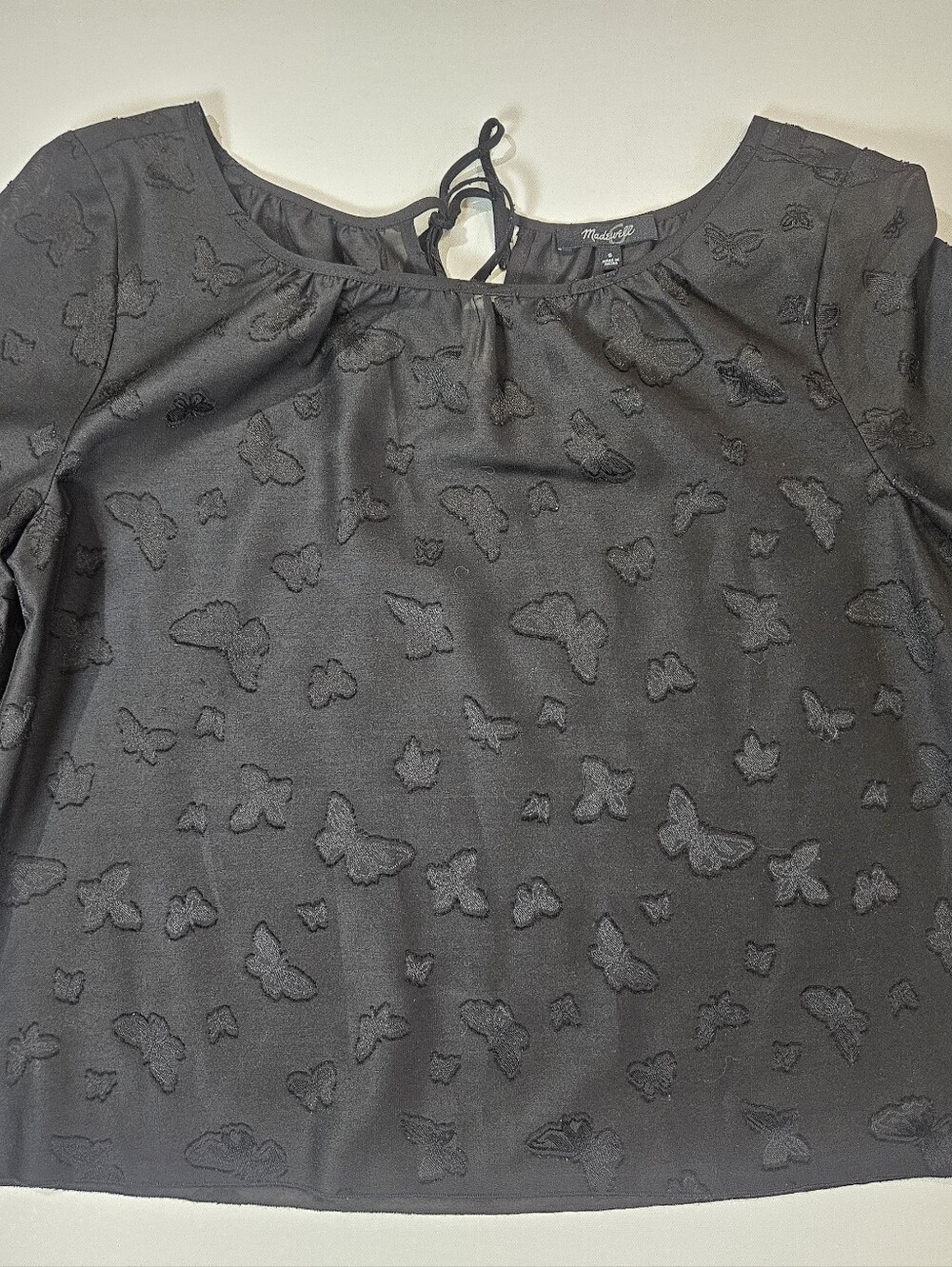 Madewell Blouse Womens Small Black Butterfly Jacquard Print Flutter Sleeve